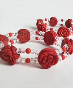 Alternative view of Bracciale da donna elastico con rose e sfere di corallo rosso lavorate a mano