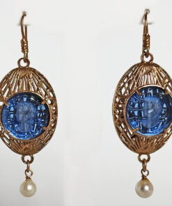 Orecchini da donna Patrizia Daliana in puro bronzo dorato con cammeo inciso in vetro blu